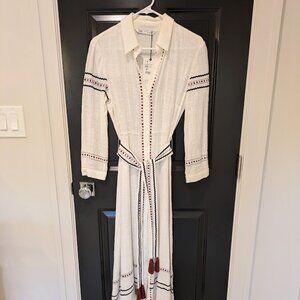 Zara White Embroidered Shirt Dress With Tasselled Belt XS
